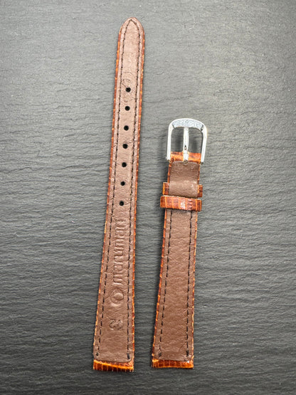 maruman – Vintage NOS Rindlederband mit Eidechsen-Prägung (Lizard-Optik) in Cognacbraun, 12 mm, silberfarbene Schließe, mit Box (Japan)