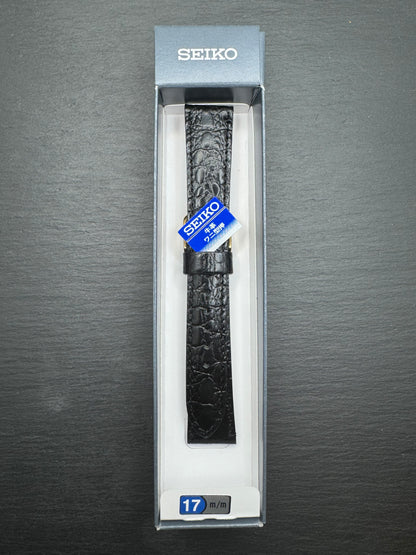 Original Seiko Lederarmband DE72 – 17 mm Schwarz in Krokodilprägung mit goldfarbener Dornschließe (JDM)