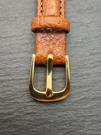 maruman – Vintage NOS Kalbslederband (genarbt) in Cognac/Hellbraun, 12 mm, goldfarbene Schließe, mit Box (Japan)