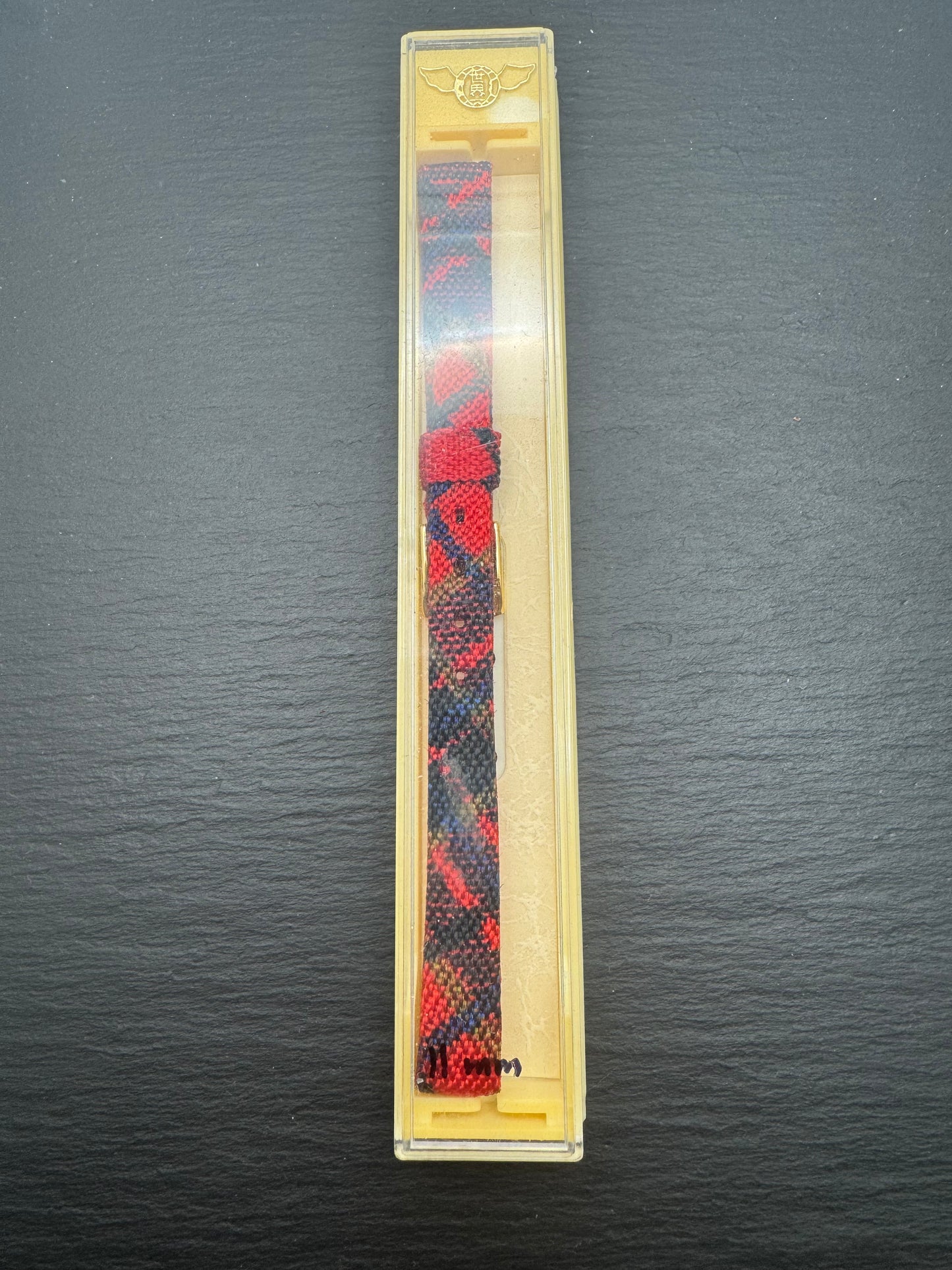 MaruMan – Vintage NOS Textil-/Tweed-Armband im Schottenkaro, 11 mm, goldfarbene signierte Schließe (Japan)