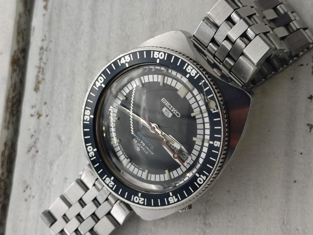 Seiko 5 Sports 6106-8120 – Kaliber 6106, Suwa Seikosha – drehbare Lünette, „Water 70 Proof" – September 1968 – frisch revidiert