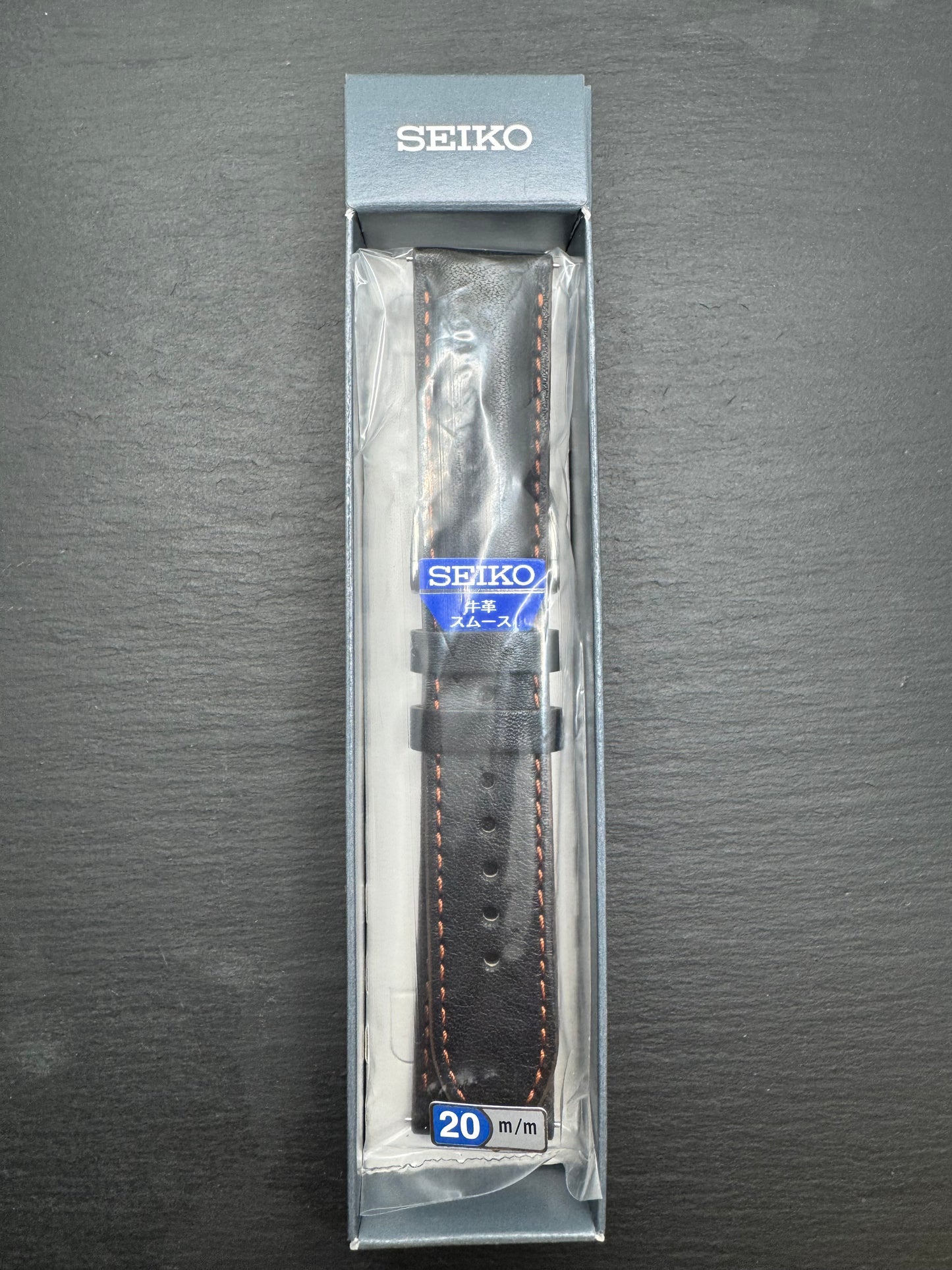 Original Seiko Lederarmband RS07S20BK (20–18 mm) – Schwarz, Kalbsleder, Kontrastnaht (JDM)