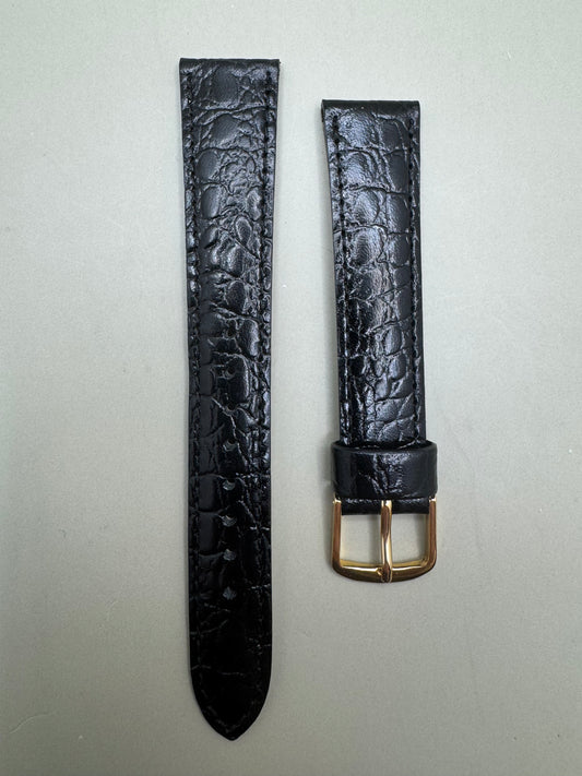 Original Seiko Lederarmband DE72 – 17 mm Schwarz in Krokodilprägung mit goldfarbener Dornschließe (JDM)