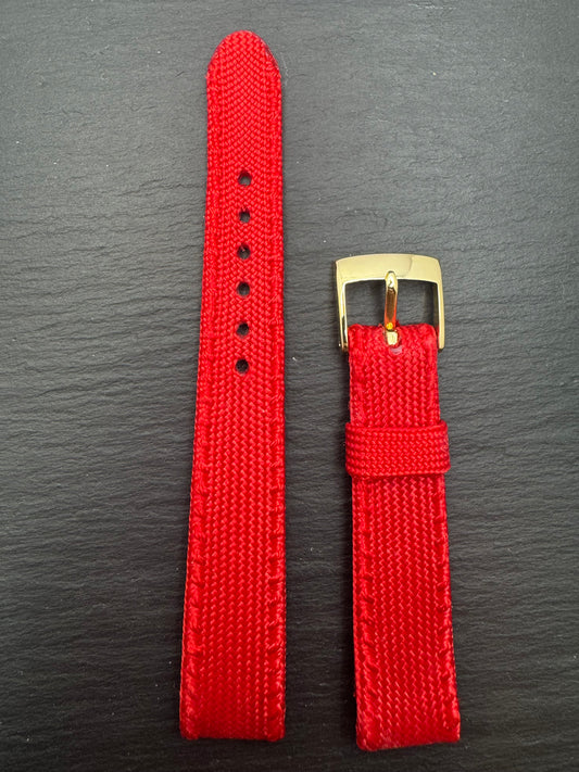 WORLD FIRST - Vintage NOS woven textile strap (Perlon style) in red, 15.5 mm, gold-plated buckle, with box (Japan)