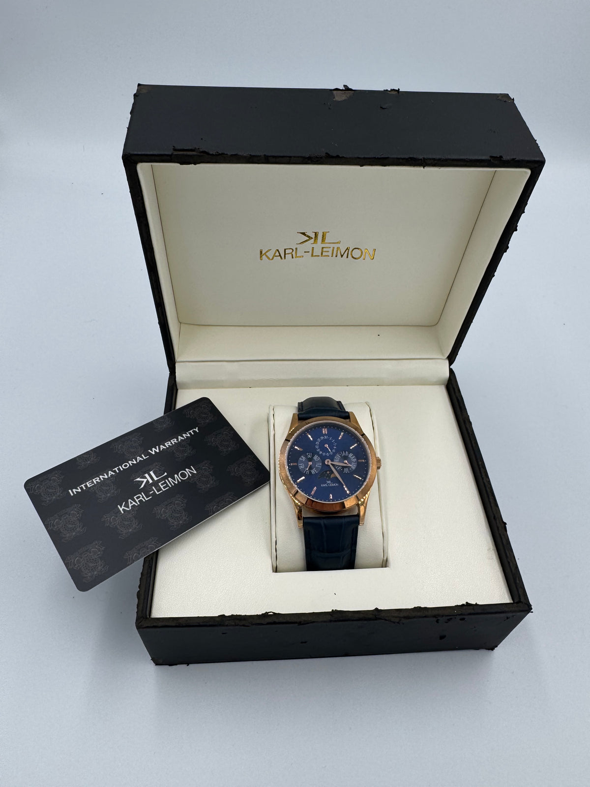 KARL-LEIMON Classic Pioneer "Triple Calendar Moonphase" – navy dial, rose gold-plated case – sold-out edition, virtually unworn with box and papers