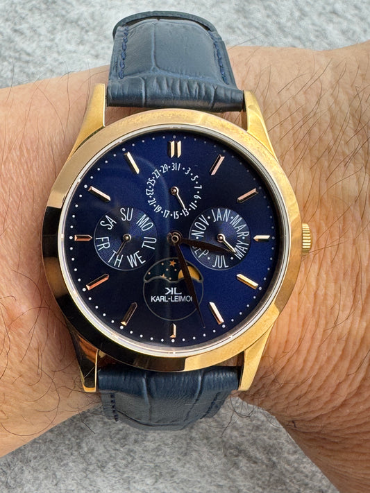 KARL-LEIMON Classic Pioneer "Triple Calendar Moonphase" – navy dial, rose gold-plated case – sold-out edition, virtually unworn with box and papers