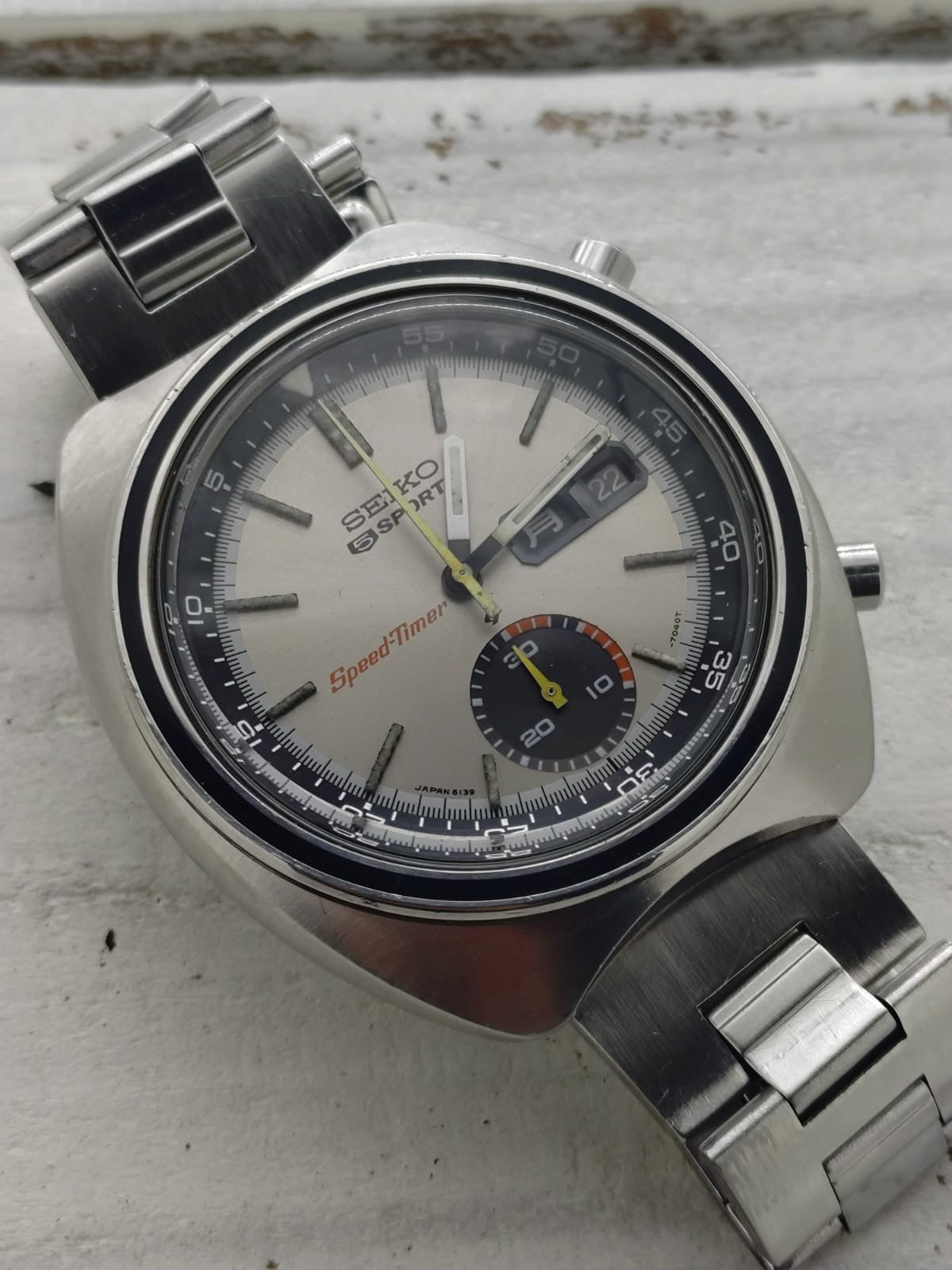 Seiko 5 Sports Speed-Timer 6139-7020 – Caliber 6139, 21 jewels, Suwa Seikosha – champagne dial, original bracelet – November 1971 – freshly serviced