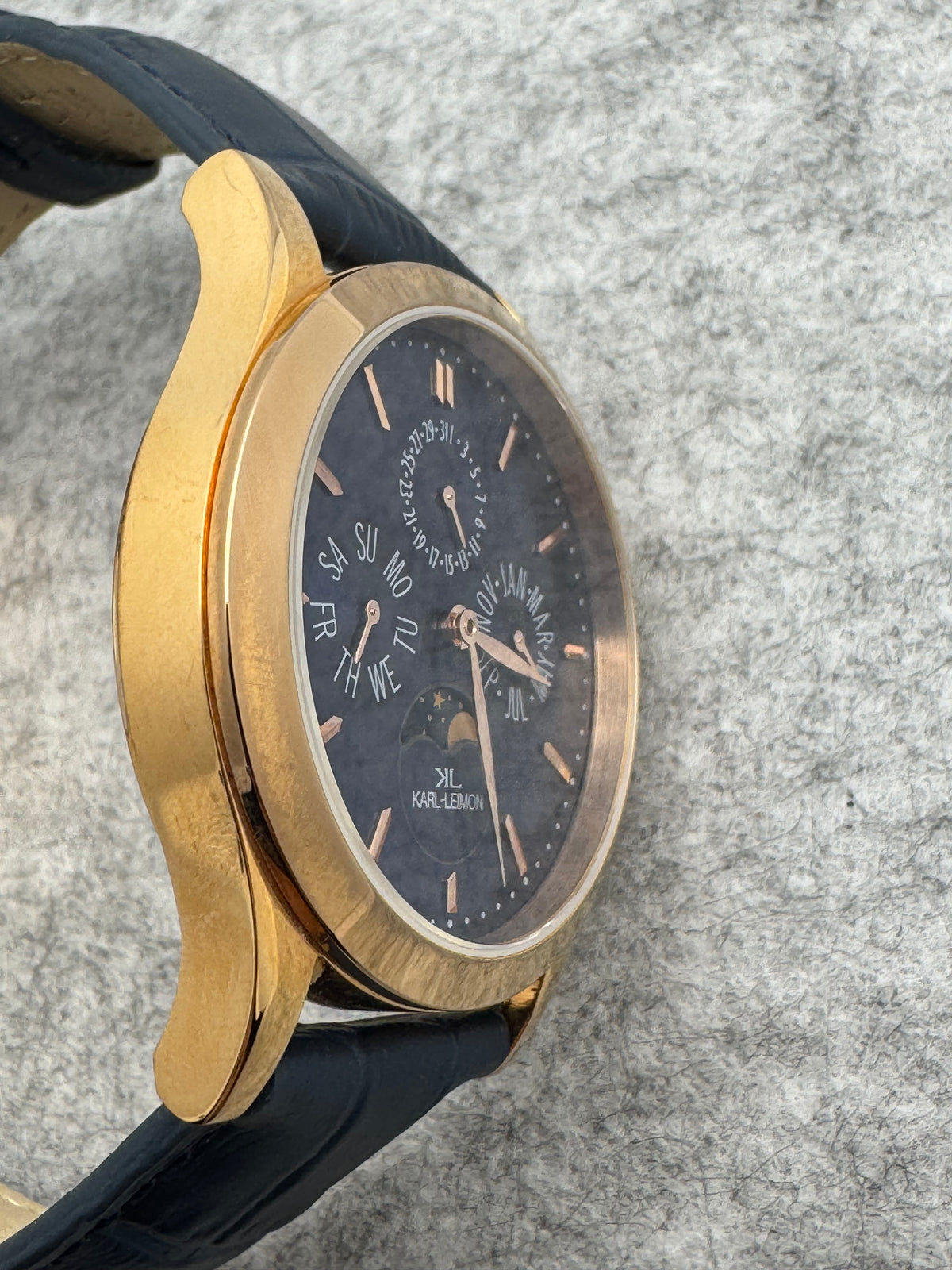 KARL-LEIMON Classic Pioneer "Triple Calendar Moonphase" – navy dial, rose gold-plated case – sold-out edition, virtually unworn with box and papers