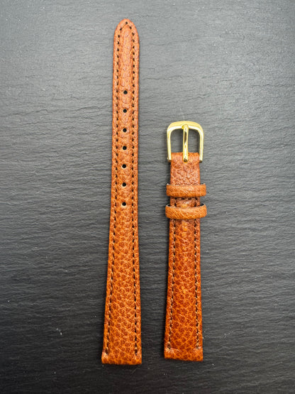 maruman – Vintage NOS Kalbslederband (genarbt) in Cognac/Hellbraun, 12 mm, goldfarbene Schließe, mit Box (Japan)