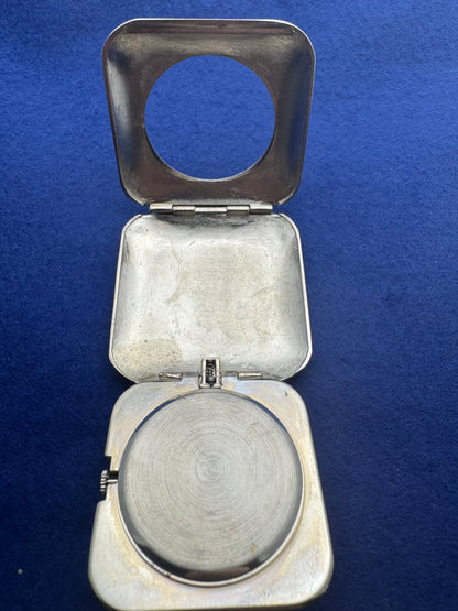 Japanese pocket alarm clock – quartz – engraved folding case with crane and ear of corn motif