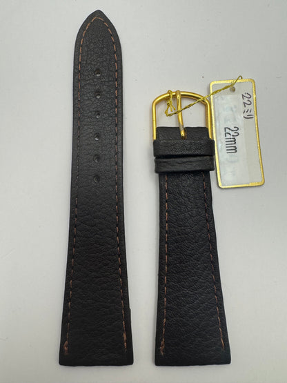 Bambi – Vintage NOS Echtlederband in Dunkelbraun (genarbt), 22 mm, goldfarbene Schließe, mit Box (Japan)