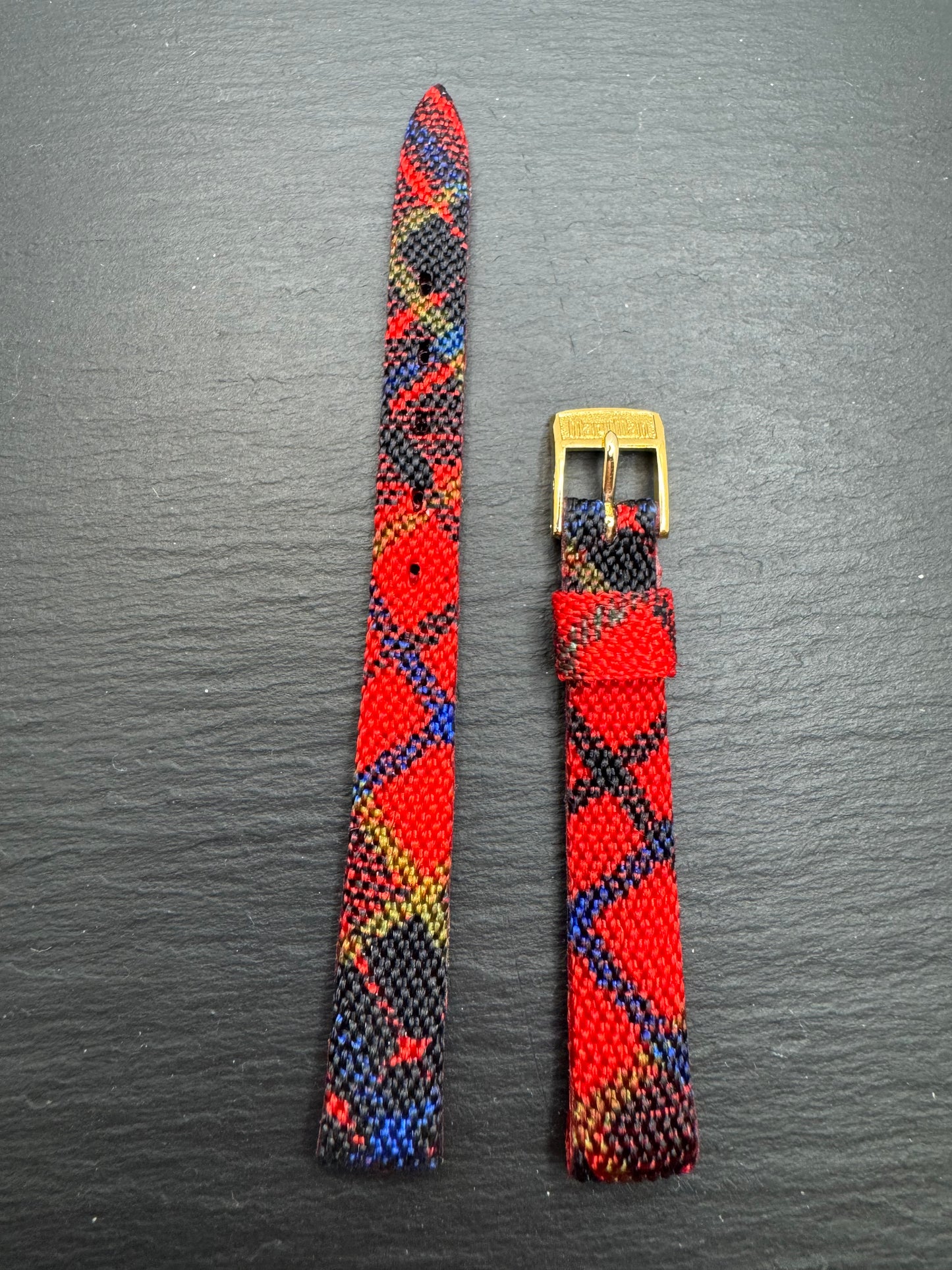 maruman - Vintage NOS Tartan Look Textile Strap (Red/Black/Blue/Yellow), Nylon Weave, 11 mm, Signed maruman Clasp, With Box (Japan)