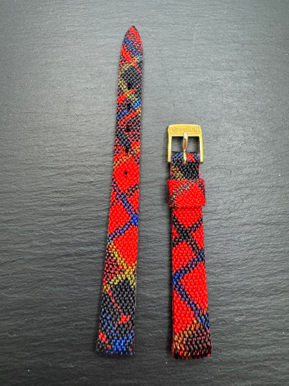 maruman - Vintage NOS Tartan Look Textile Strap (Red/Black/Blue/Yellow), Nylon Weave, 11 mm, Signed maruman Clasp, With Box (Japan)