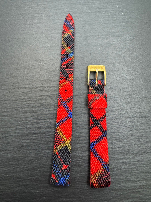 maruman – Vintage NOS Textilband in Tartan-Optik (Rot/Schwarz/Blau/Gelb), Nylongewebe, 11 mm, signierte maruman-Schließe, mit Box (Japan)