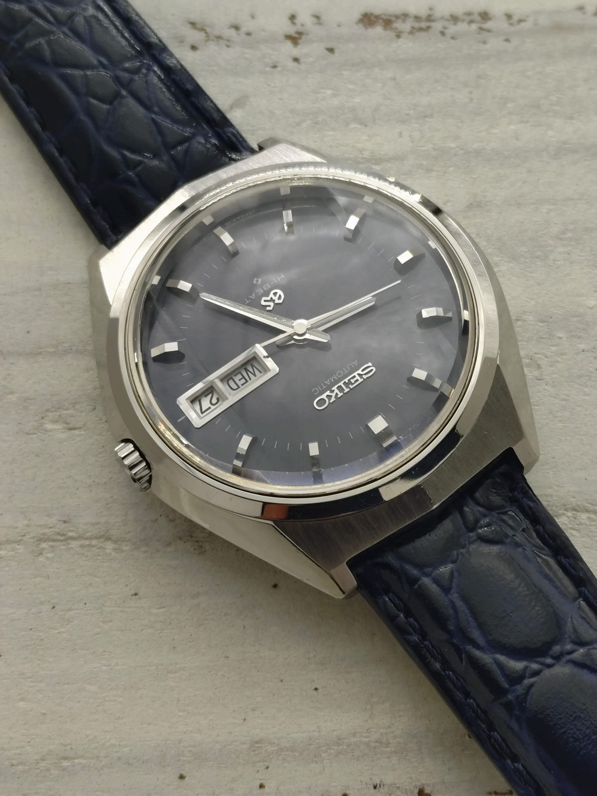 Grand Seiko 61GS Hi-Beat – Ref. 6146-8050 – Caliber 6146A, 36,000 vph, Suwa Seikosha – blue-grey dial, faceted crystal – May 1972 – freshly serviced