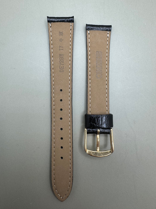 Original Seiko Lederarmband DE72 – 17 mm Schwarz in Krokodilprägung mit goldfarbener Dornschließe (JDM)