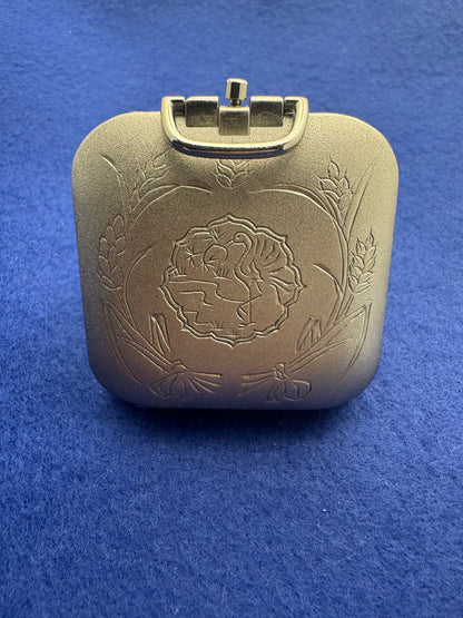 Japanese pocket alarm clock – quartz – engraved folding case with crane and ear of corn motif