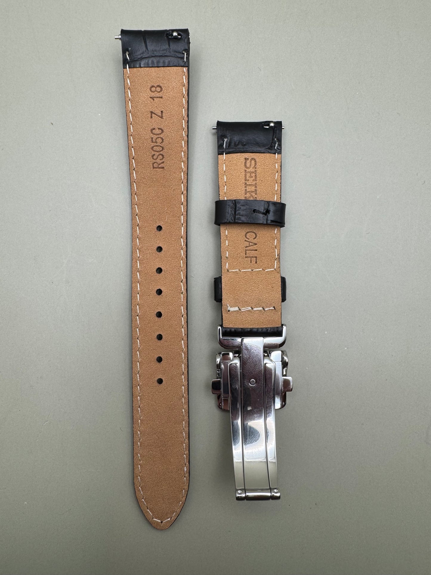 Original Seiko leather strap RS05C18BK (18–16 mm) with folding clasp – Black