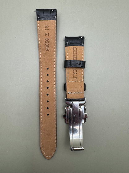 Original Seiko leather strap RS05C18BK (18–16 mm) with folding clasp – Black