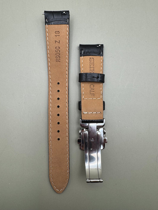 Original Seiko leather strap RS05C18BK (18–16 mm) with folding clasp – Black