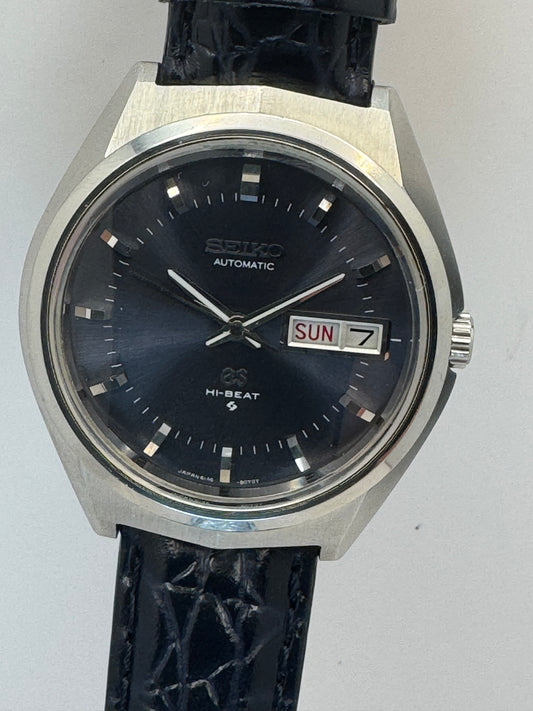 Grand Seiko 61GS Hi-Beat – Réf. 6146-8050 – Calibre 6146A, 36 000 A/h, Suwa Seikosha – cadran bleu-gris, verre facetté – mai 1972 – fraîchement révisée