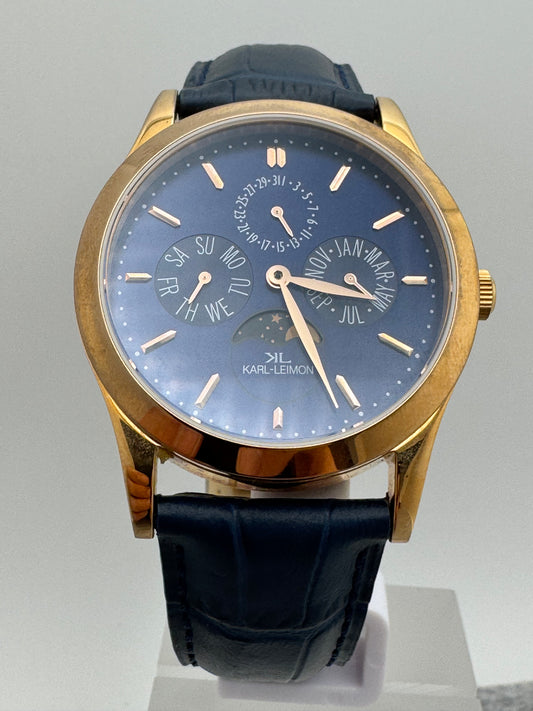KARL-LEIMON Classic Pioneer "Triple Calendar Moonphase" – navy dial, rose gold-plated case – sold-out edition, virtually unworn with box and papers