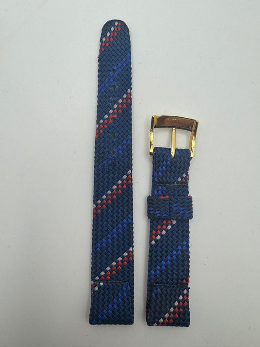 Vintage NOS Perlon/Textile Strap in Navy Blue with Red-White Accent, 15.5 mm, Gold-Colored Buckle, with Box (Japan)