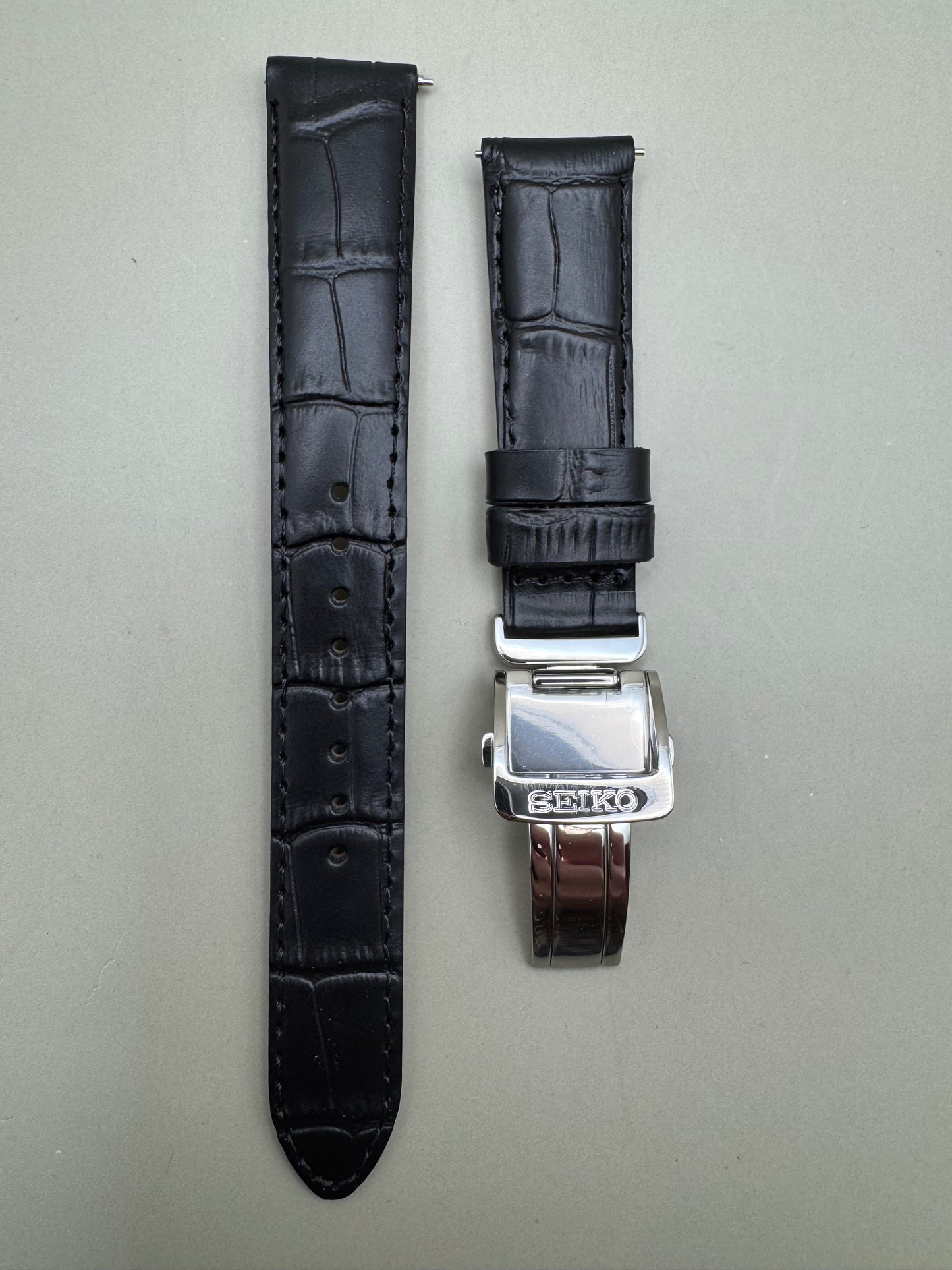 Original Seiko leather strap RS05C18BK (18–16 mm) with folding clasp – Black