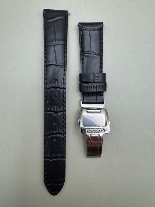 Original Seiko leather strap RS05C18BK (18–16 mm) with folding clasp – Black