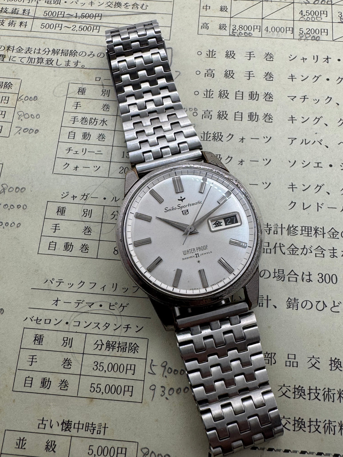 Seiko Sportsmatic 5 – Diashock 21 Jewels, Tag/Datum – originales Stahlarmband – revidiert mit Beleg
