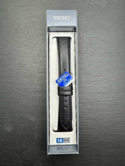 Original Seiko Lederarmband DX59A (18–15 mm) - schwarz mit silberfarbener Dornschließe (JDM)