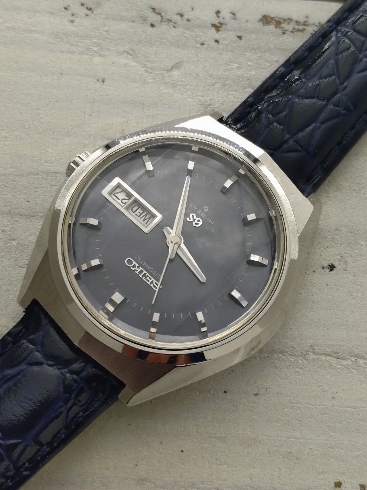 Grand Seiko 61GS Hi-Beat – Ref. 6146-8050 – Caliber 6146A, 36,000 vph, Suwa Seikosha – blue-grey dial, faceted crystal – May 1972 – freshly serviced
