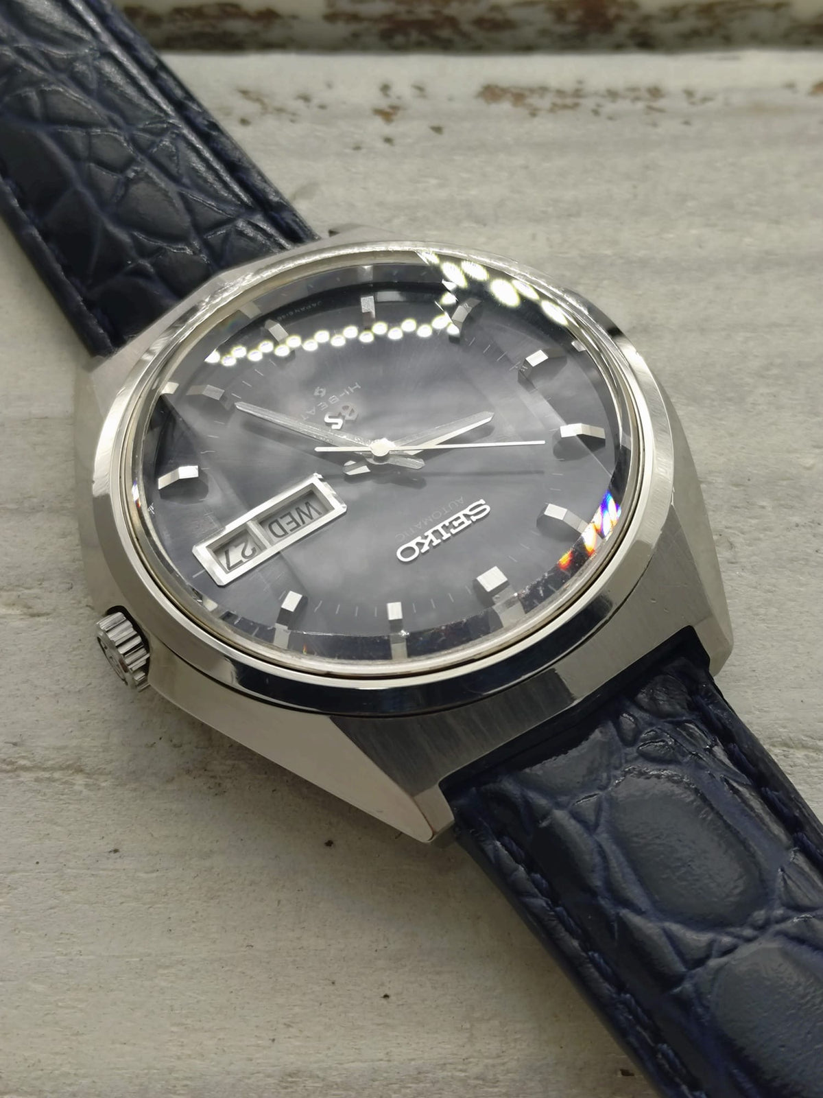 Grand Seiko 61GS Hi-Beat – Ref. 6146-8050 – Caliber 6146A, 36,000 vph, Suwa Seikosha – blue-grey dial, faceted crystal – May 1972 – freshly serviced