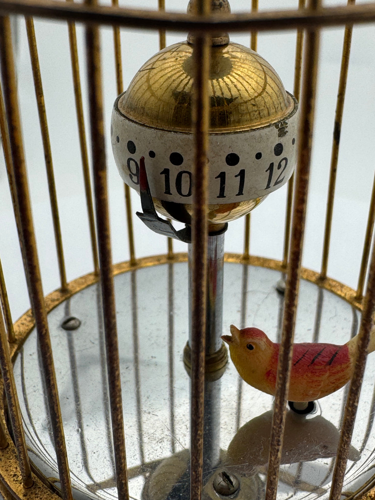 Kindai Watch Co. Bird Cage Clock – mechanical birdcage clock – rotating time display – moving bird – vintage Japan – serviced