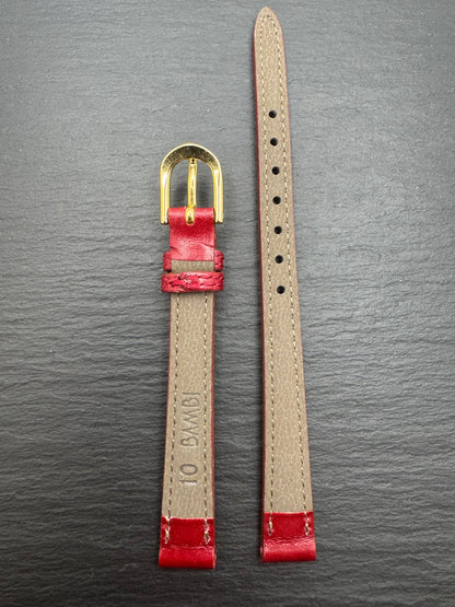 Bambi – Vintage NOS Kalbslederband, 10 mm, Weinrot, goldfarbene signierte Schließe (Japan)