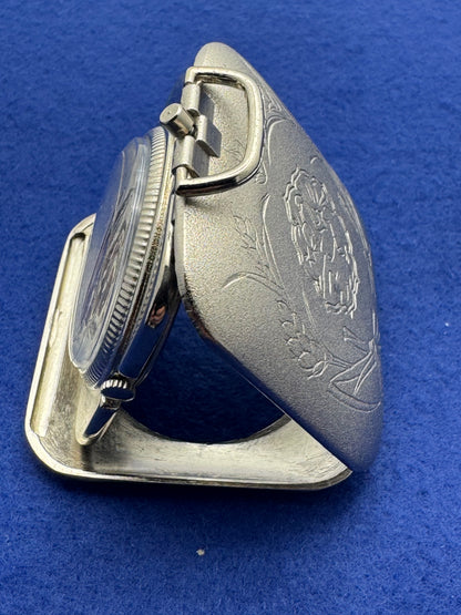 Japanese pocket watch – Quartz – engraved folding case – with crack in the glass