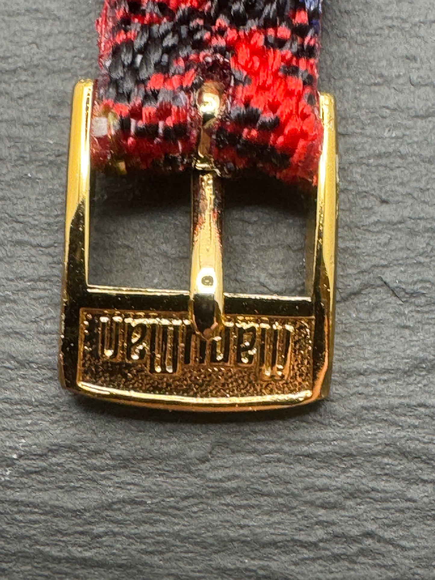 MaruMan – Vintage NOS Textil-/Tweed-Armband im Schottenkaro, 11 mm, goldfarbene signierte Schließe (Japan)