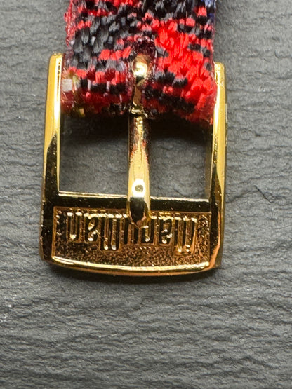 MaruMan – Vintage NOS Textil-/Tweed-Armband im Schottenkaro, 11 mm, goldfarbene signierte Schließe (Japan)
