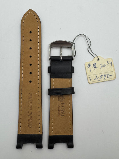 Royal London - Vintage NOS Genuine Leather Strap (Cowhide) in Black, 20mm, Curved Fit Ends, Signed Buckle, with Box