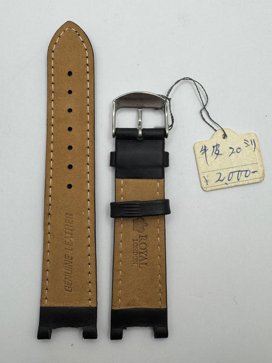 Royal London – Vintage NOS Echtlederband (Rindleder) in Schwarz, 20 mm, geschwungene Passform-Enden, signierte Schließe, mit Box