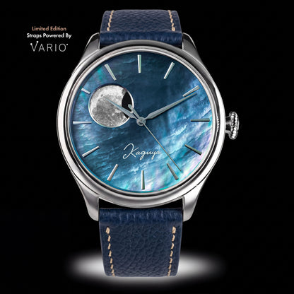 WANCHER Dream Moonphase Kaguya MURASAKI BLUE – Limited Edition mit Vario-Lederband, Frontansicht