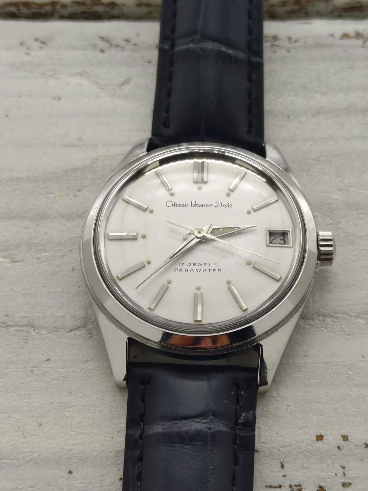 Citizen Homer Date « Parawater » – Réf. 63-1019 – Calibre Homer, 17 rubis, remontage manuel – Acier inoxydable – Mars 1969 – fraîchement révisée
