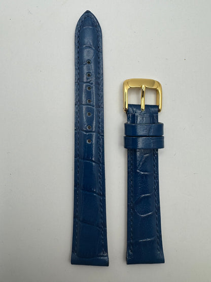 Bambi „Scotchgard" – Vintage NOS Echtlederband in Royalblau mit Krokoprägung, 16 mm, goldfarbene Schließe, mit Box (Japan)