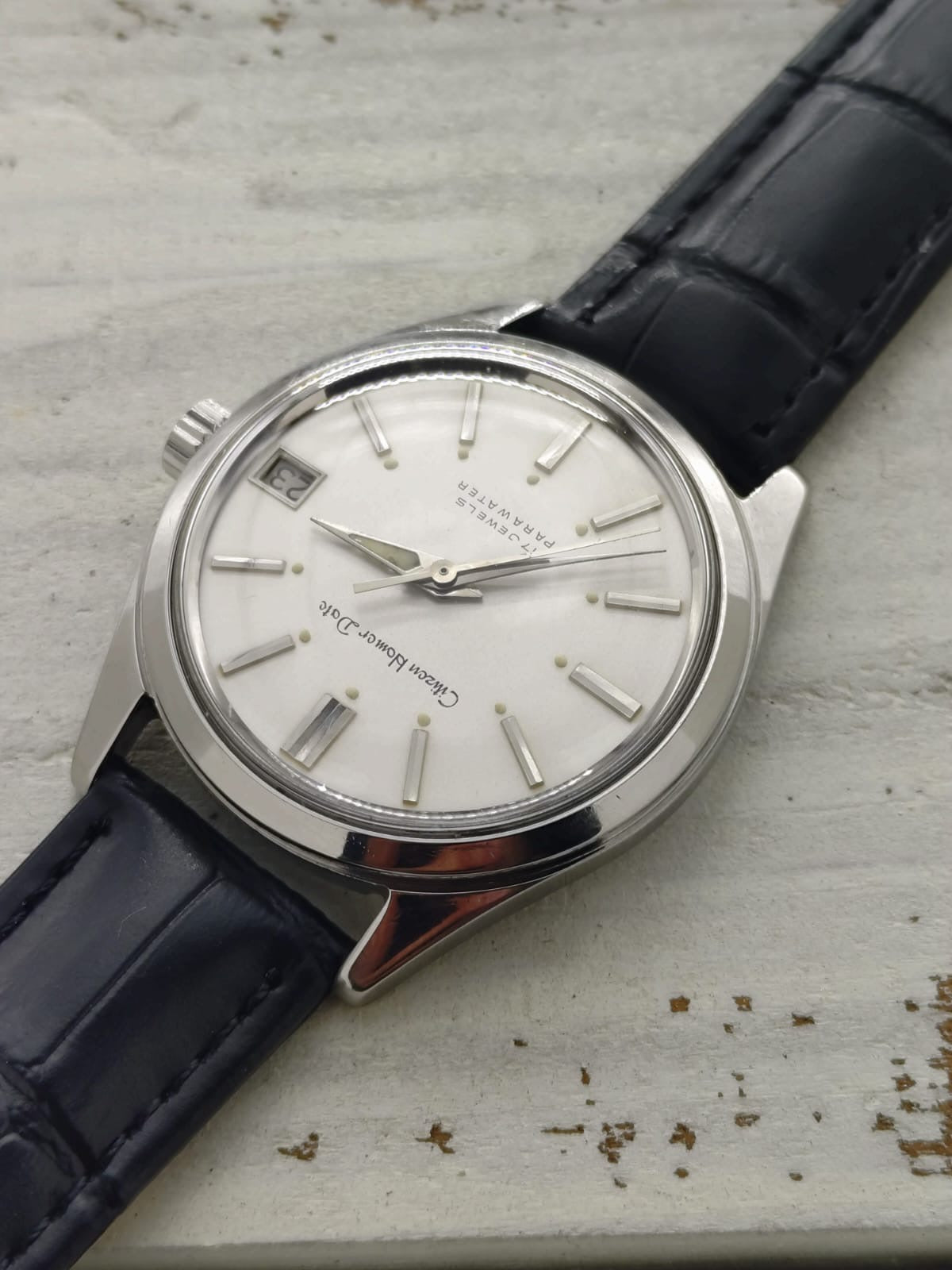 Citizen Homer Date « Parawater » – Réf. 63-1019 – Calibre Homer, 17 rubis, remontage manuel – Acier inoxydable – Mars 1969 – fraîchement révisée