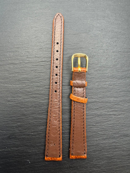 maruman – Vintage NOS Kalbslederband (genarbt) in Cognac/Hellbraun, 12 mm, goldfarbene Schließe, mit Box (Japan)