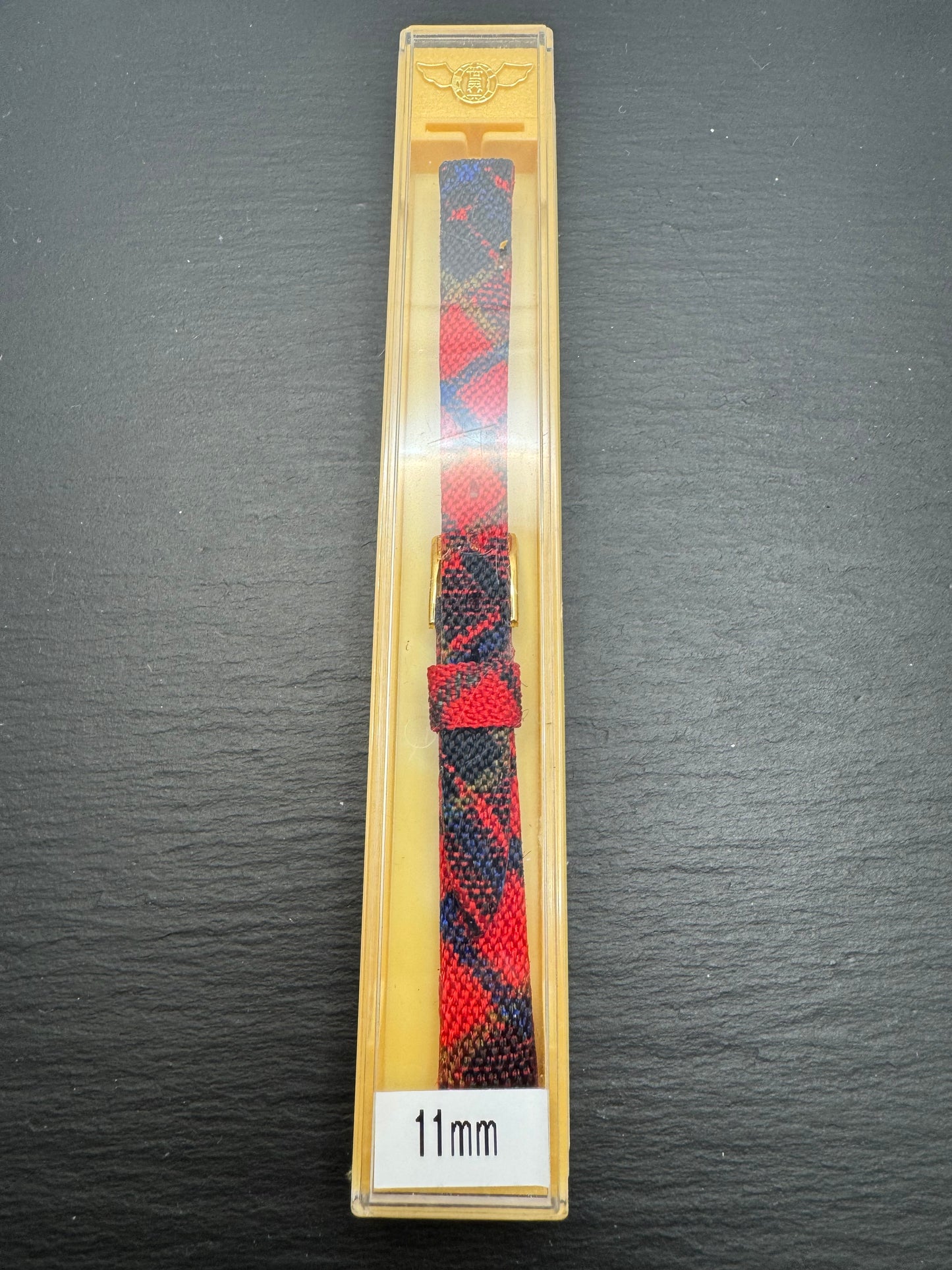 maruman - Vintage NOS Tartan Look Textile Strap (Red/Black/Blue/Yellow), Nylon Weave, 11 mm, Signed maruman Clasp, With Box (Japan)