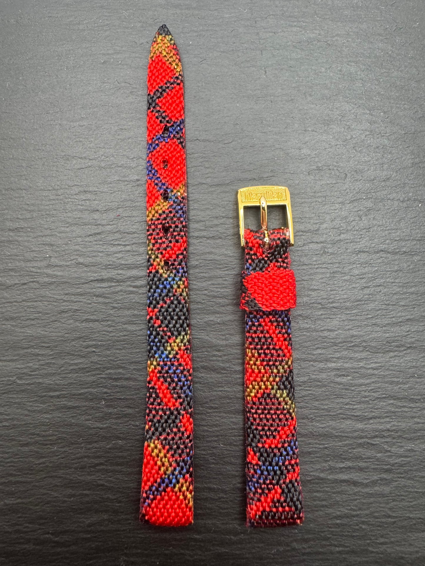MaruMan – Vintage NOS Textil-/Tweed-Armband im Schottenkaro, 11 mm, goldfarbene signierte Schließe (Japan)