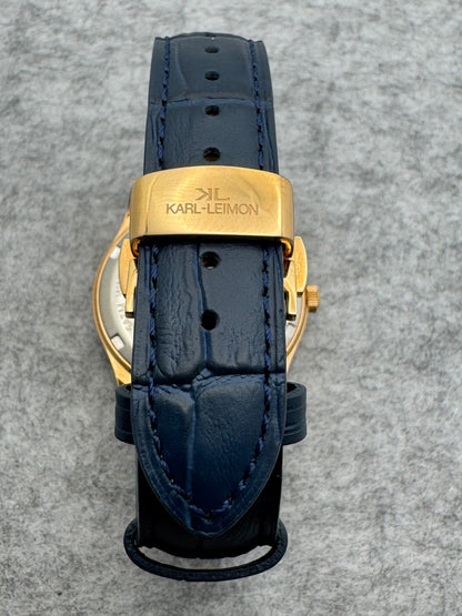 KARL-LEIMON Classic Pioneer "Triple Calendar Moonphase" – navy dial, rose gold-plated case – sold-out edition, virtually unworn with box and papers