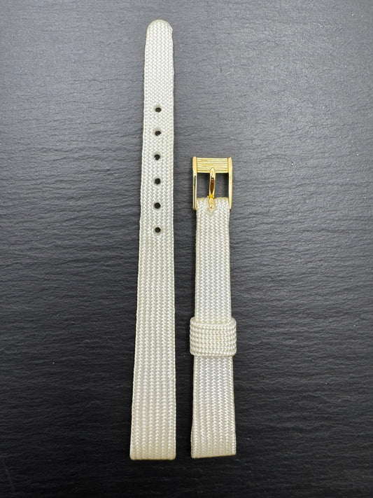 WORLD FIRST – Vintage NOS gewebtes Textilband (Perlon-Stil) in Weiß/Creme, 11 mm, goldfarbene Schließe, mit Box (Japan)