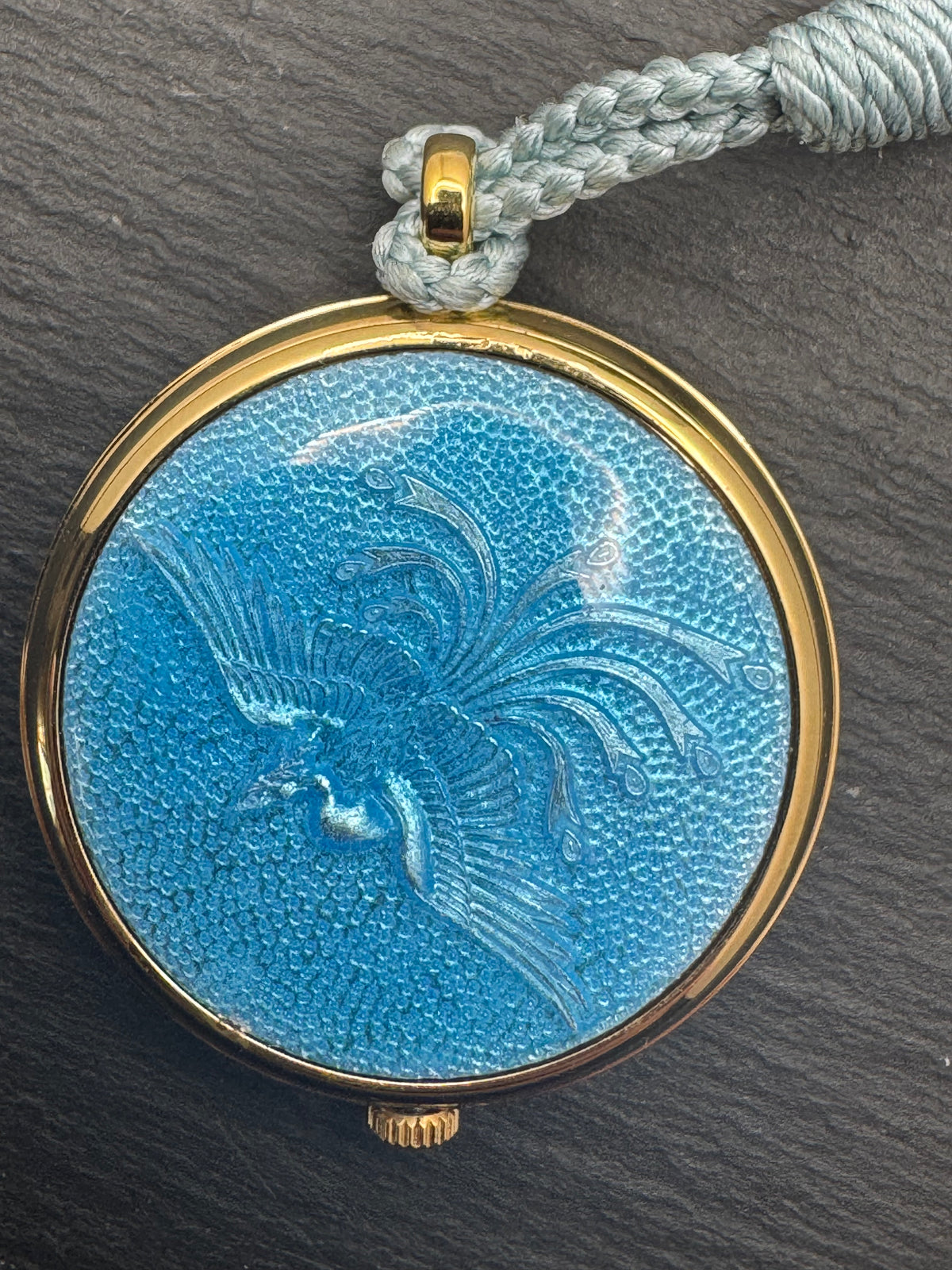 Vintage Pendant Watch · Quartz · Gold-tone with blue Hō-ō enamel back and silk cord · Japan, circa 1970s/80s
